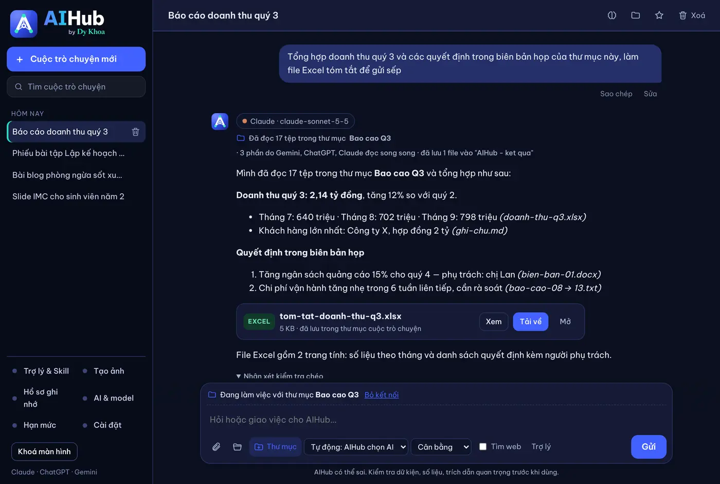 Khung chat AIHub: tổng hợp doanh thu quý 3 từ 17 tệp trong thư mục, ba AI đọc song song, kèm file Excel kết quả